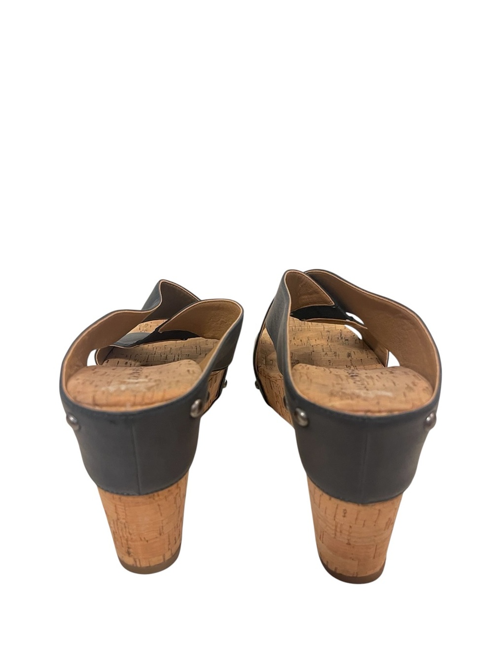 Women's Lucky Brand Mykayla Black Leather Cork Wedge Sandals Shoes - Picture 4 of 5